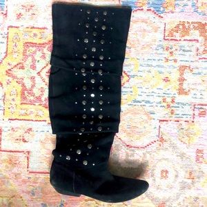 Black suede Free People slouchy, studded, over the knee boots